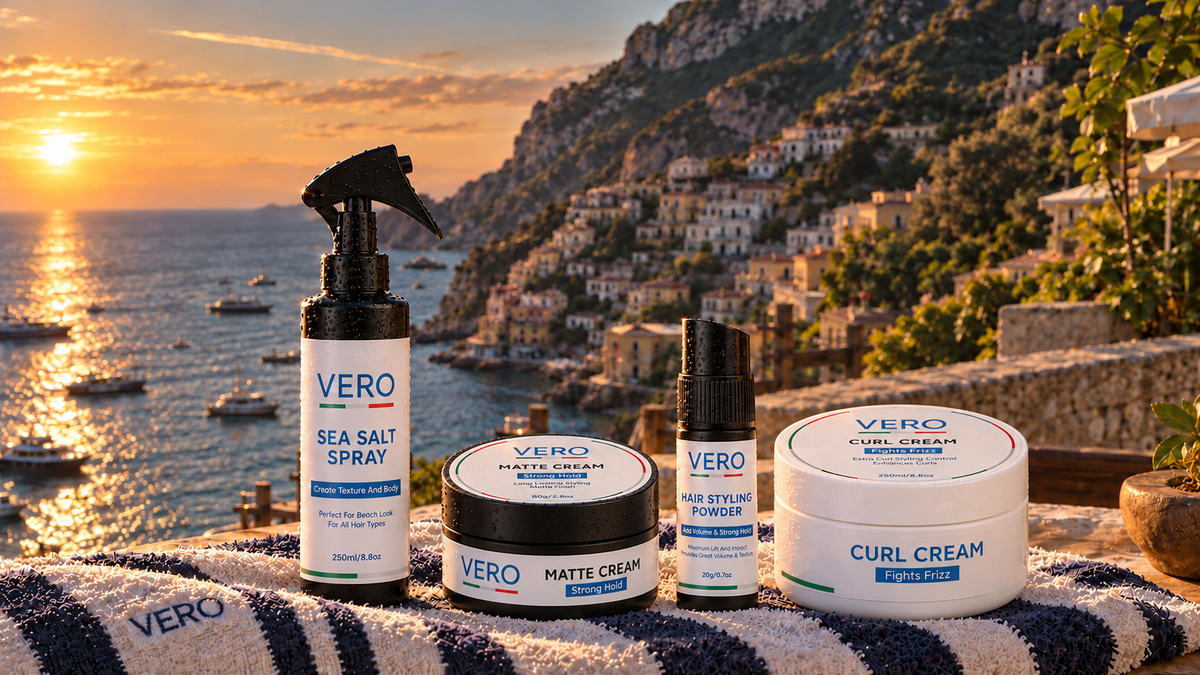 VERO hair styling products on the Italian coast at golden hour