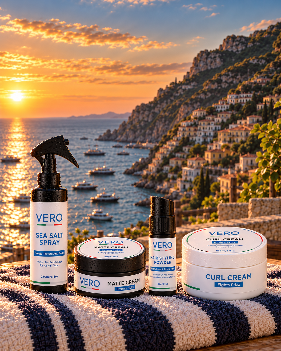 VERO hair styling products on the Italian coast at golden hour